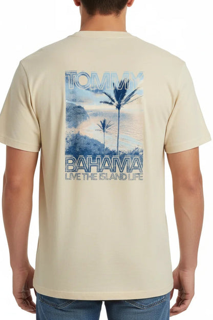 Beige t-shirt with 'Tropical Bahama' graphic on a white background