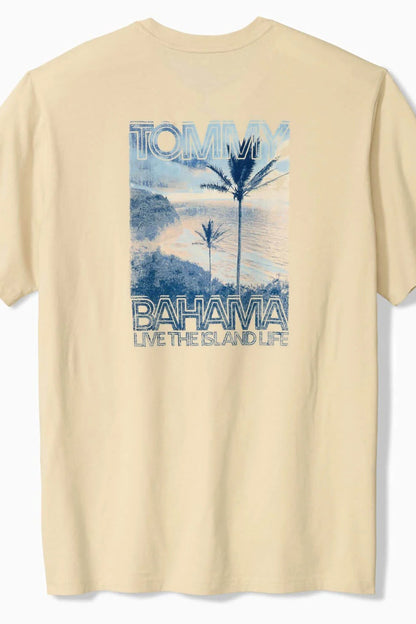 Beige t-shirt with Tommy Bahama graphic on a white background