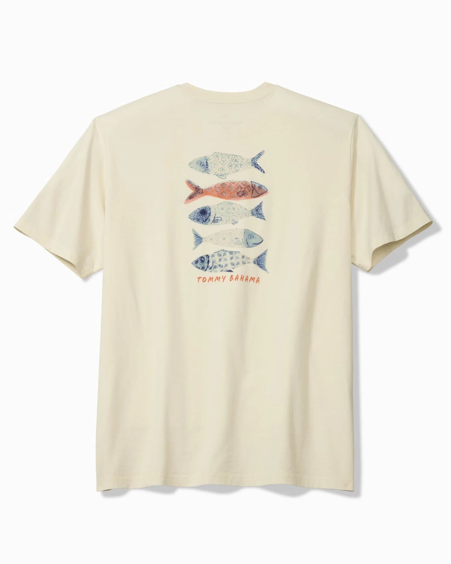 Beige t-shirt with fish graphic on a white background