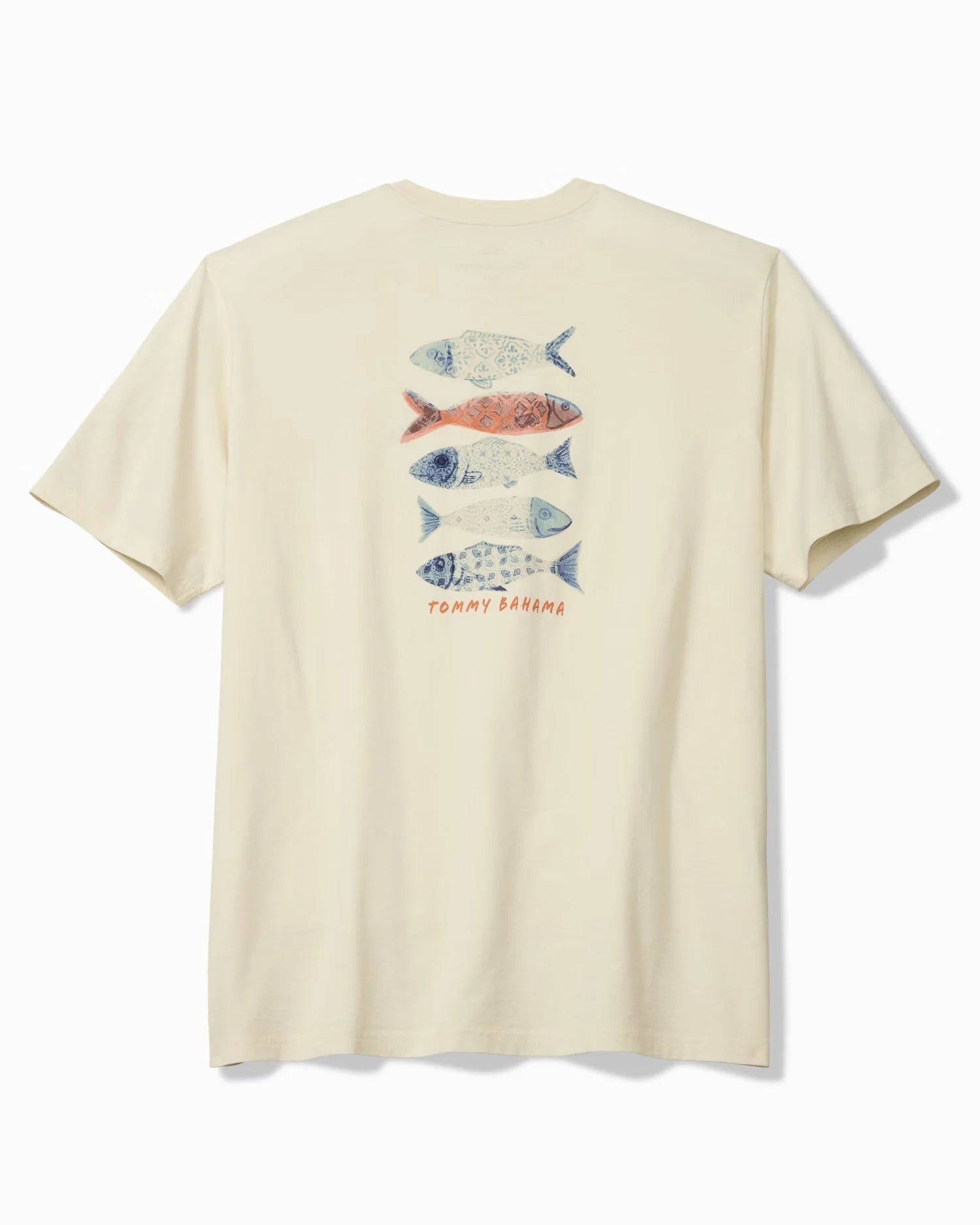 Beige t-shirt with fish graphic on a white background