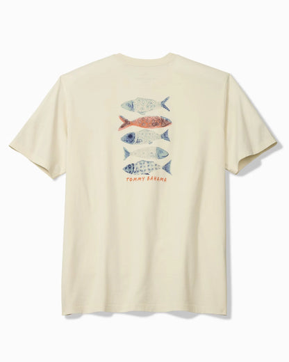 Beige t-shirt with fish graphic on a white background