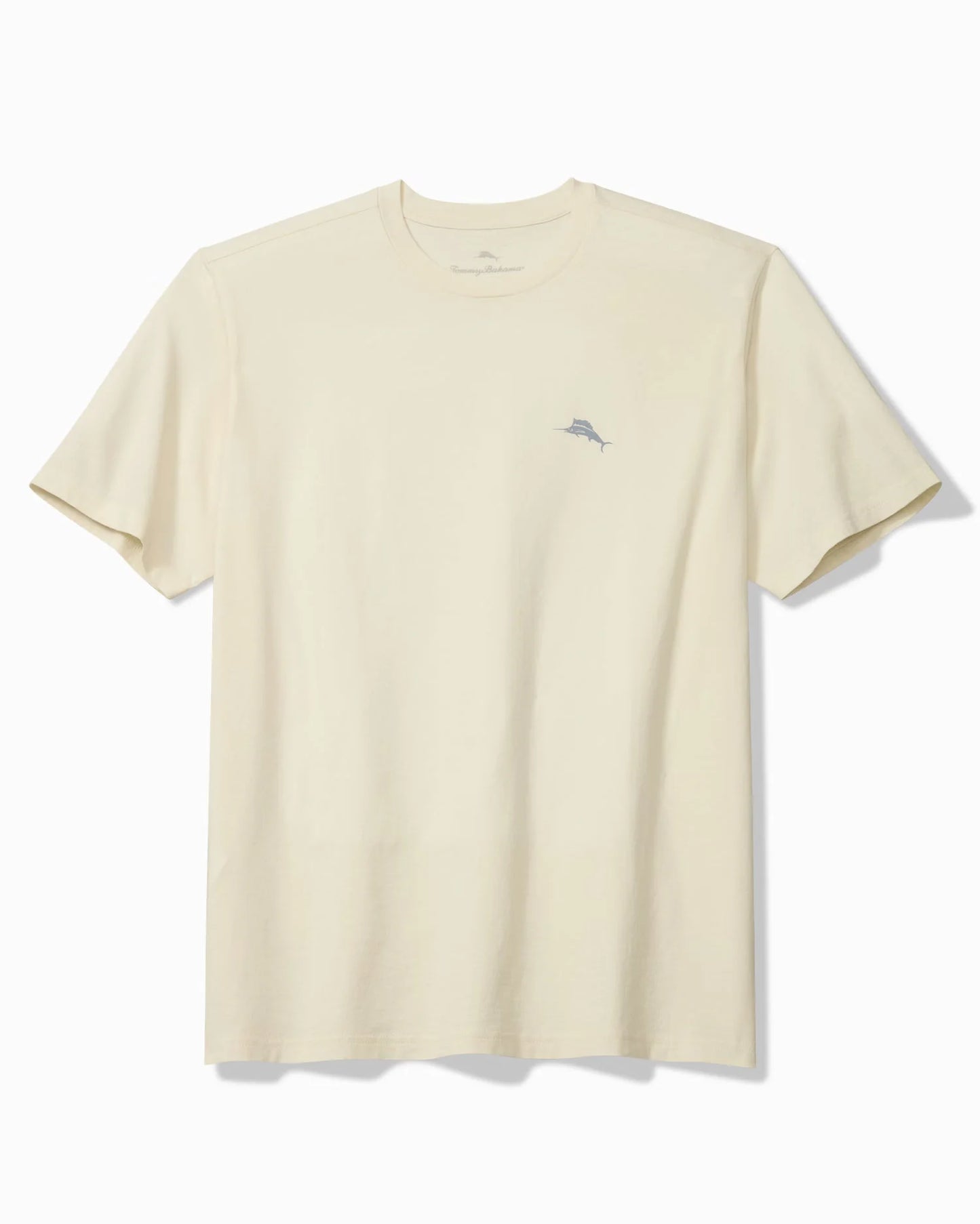 Beige t-shirt with a small blue logo on a white background