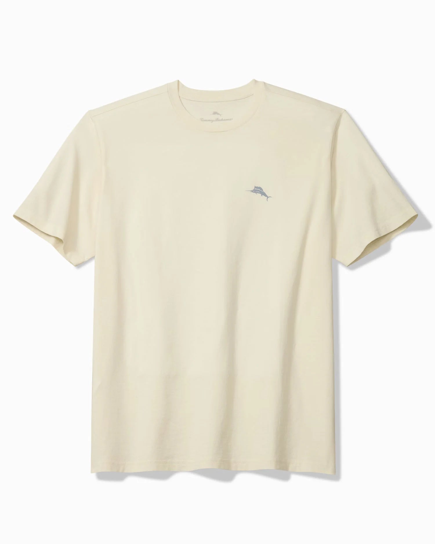 Beige t-shirt with a small blue logo on a white background