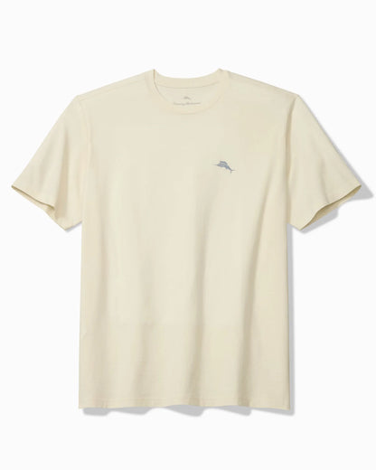 Beige t-shirt with a small blue logo on a white background