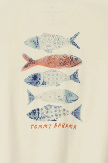 Colorful fish illustration with 'Tommy Bahama' branding on a beige background