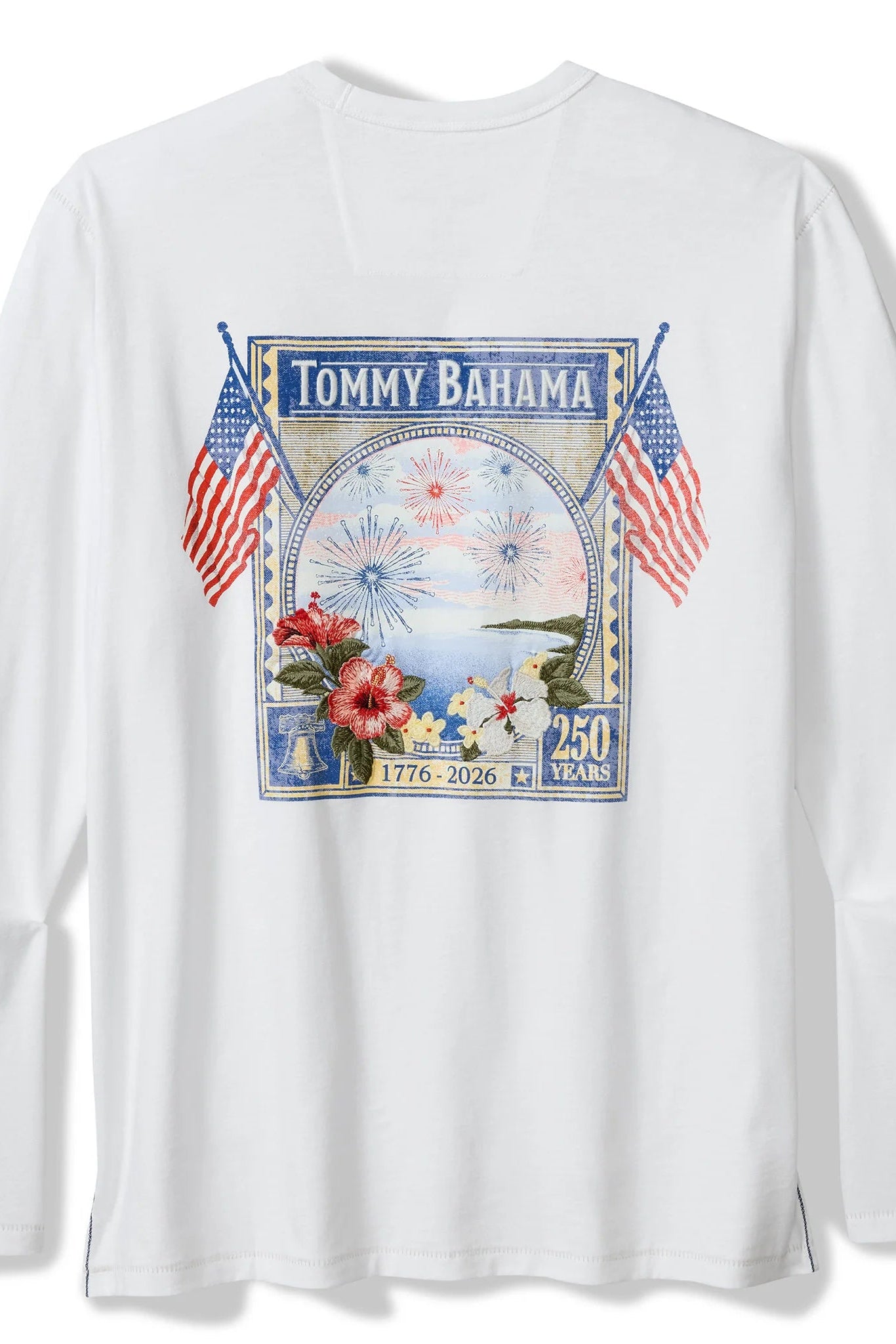White long-sleeve shirt with Tommy Bahama branding and patriotic design on a white background