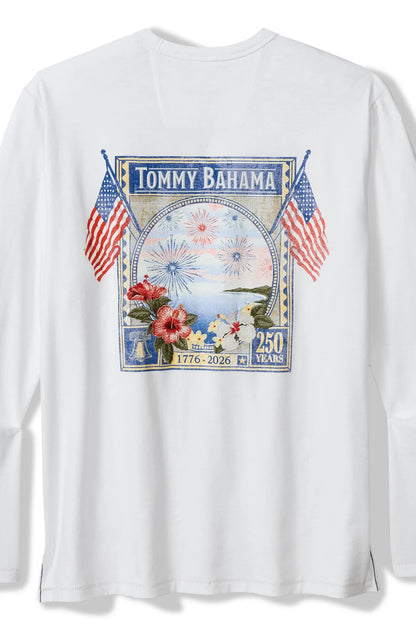 White long-sleeve shirt with Tommy Bahama branding and patriotic design on a white background