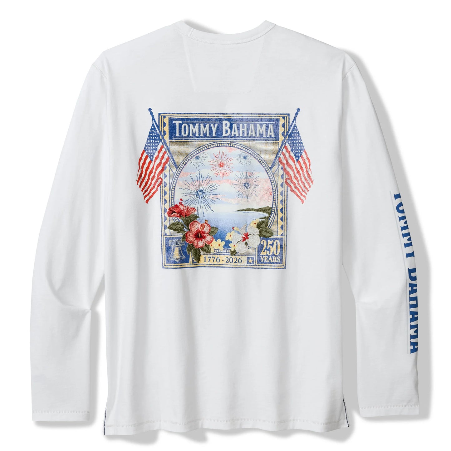 White long-sleeve shirt with Tommy Bahama branding and patriotic design on a white background