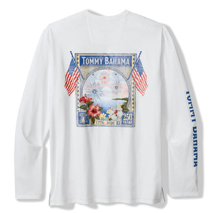 White long-sleeve shirt with Tommy Bahama branding and patriotic design on a white background