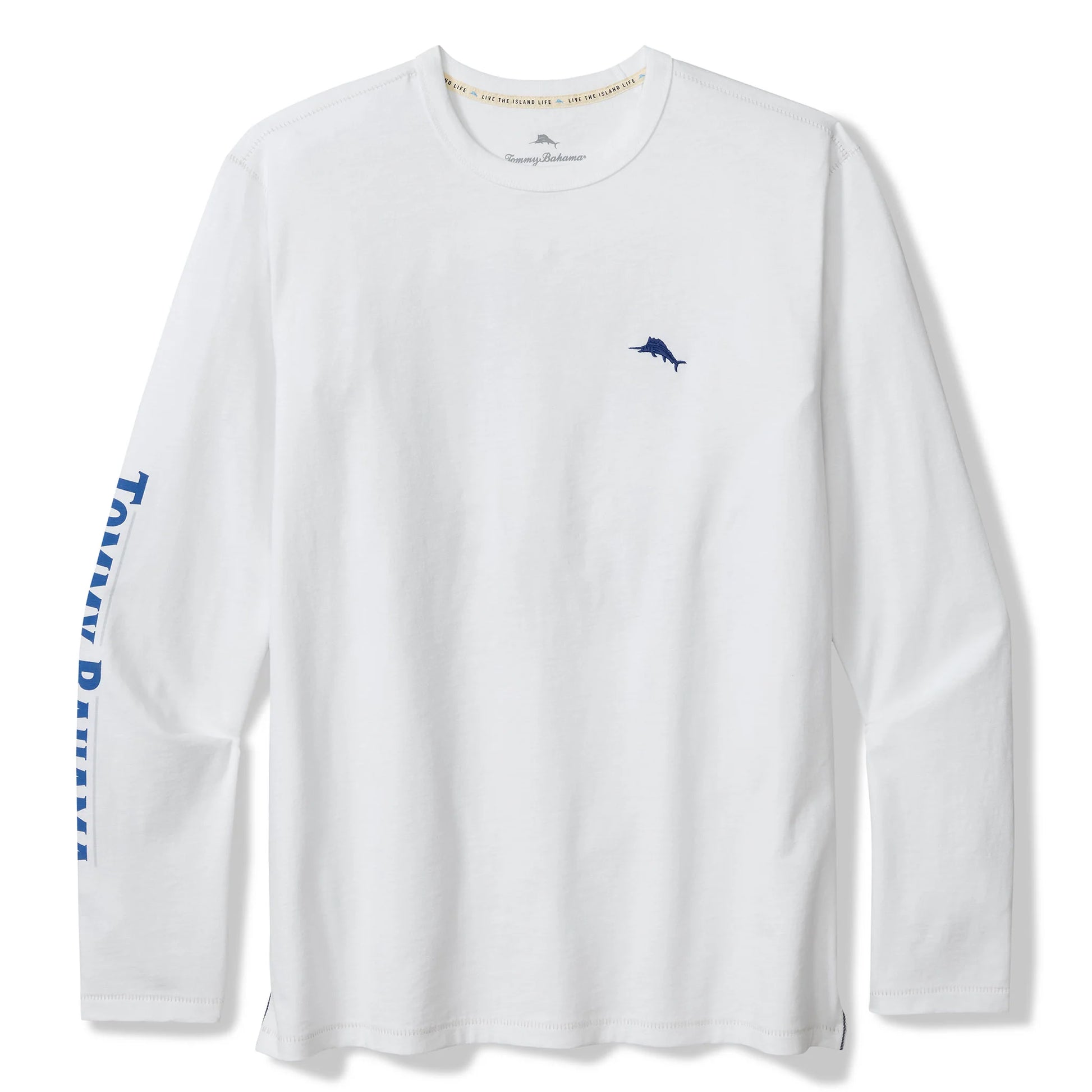White long-sleeve shirt with blue logo and text on a white background