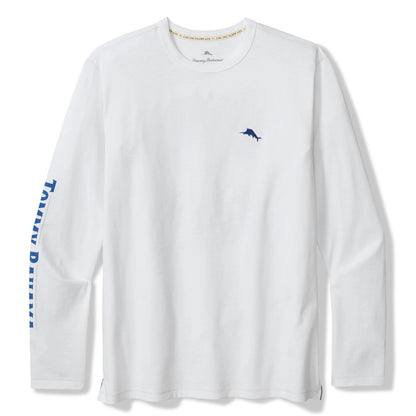 White long-sleeve shirt with blue logo and text on a white background