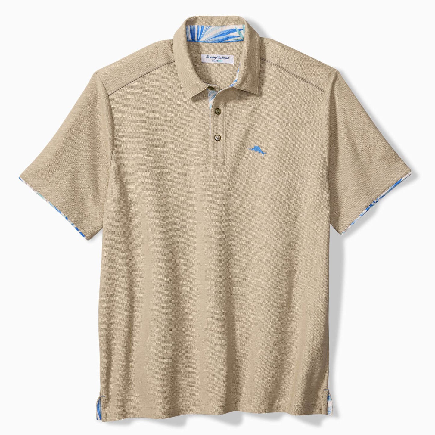 Beige polo shirt with brand logo on a white background