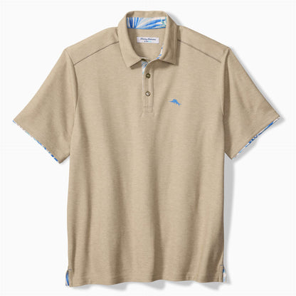 Beige polo shirt with brand logo on a white background