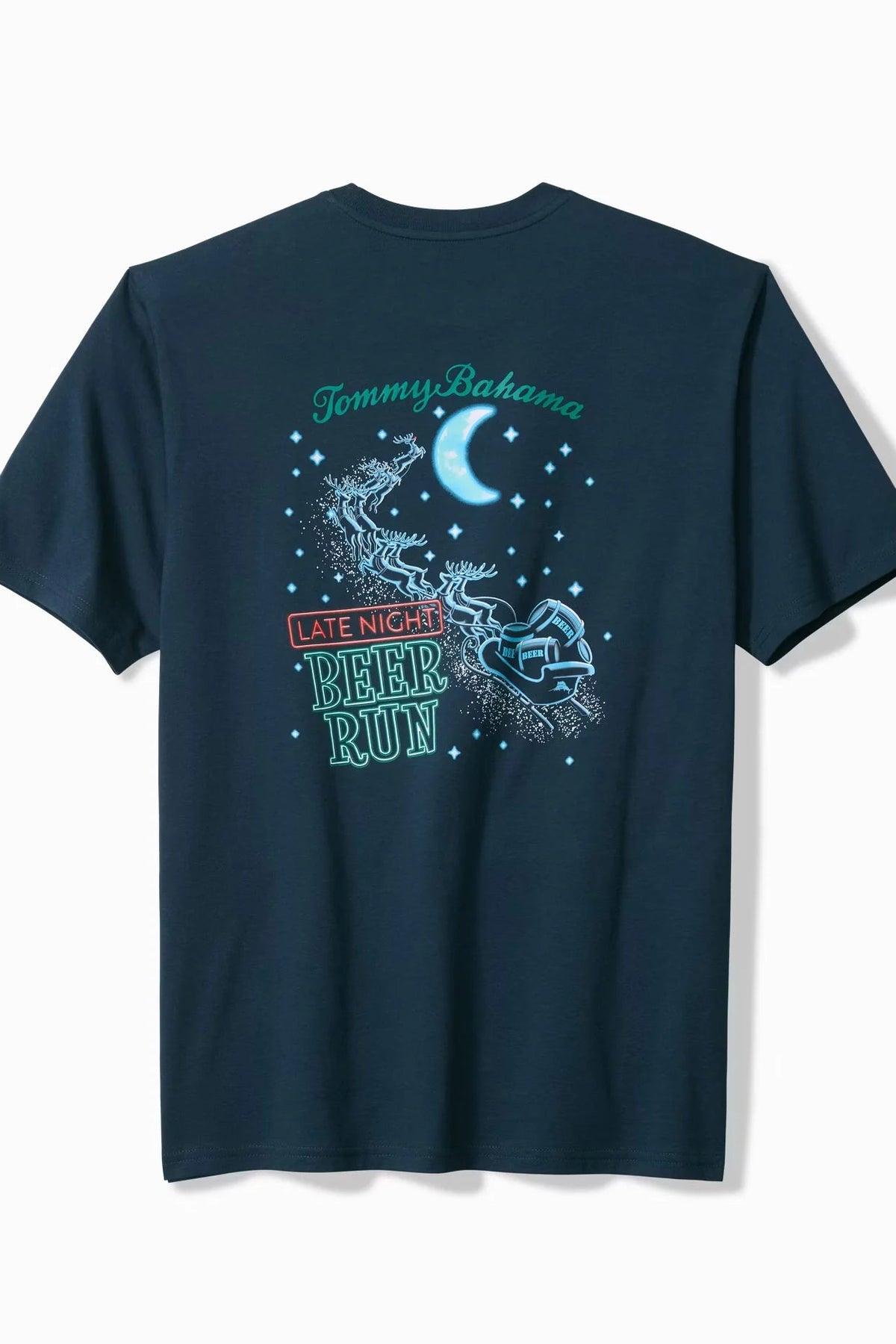 A navy blue short-sleeve t-shirt shown from the back, featuring a graphic print with a crescent moon, stars, and the text 'Tommy Bahama' and 'Late Night Beer Run' in light blue and red.