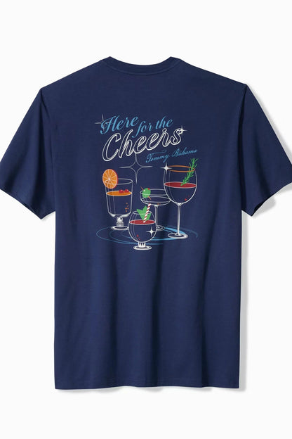 Navy blue t-shirt with drink graphic and 'Here's to the Cheers' text on a white background