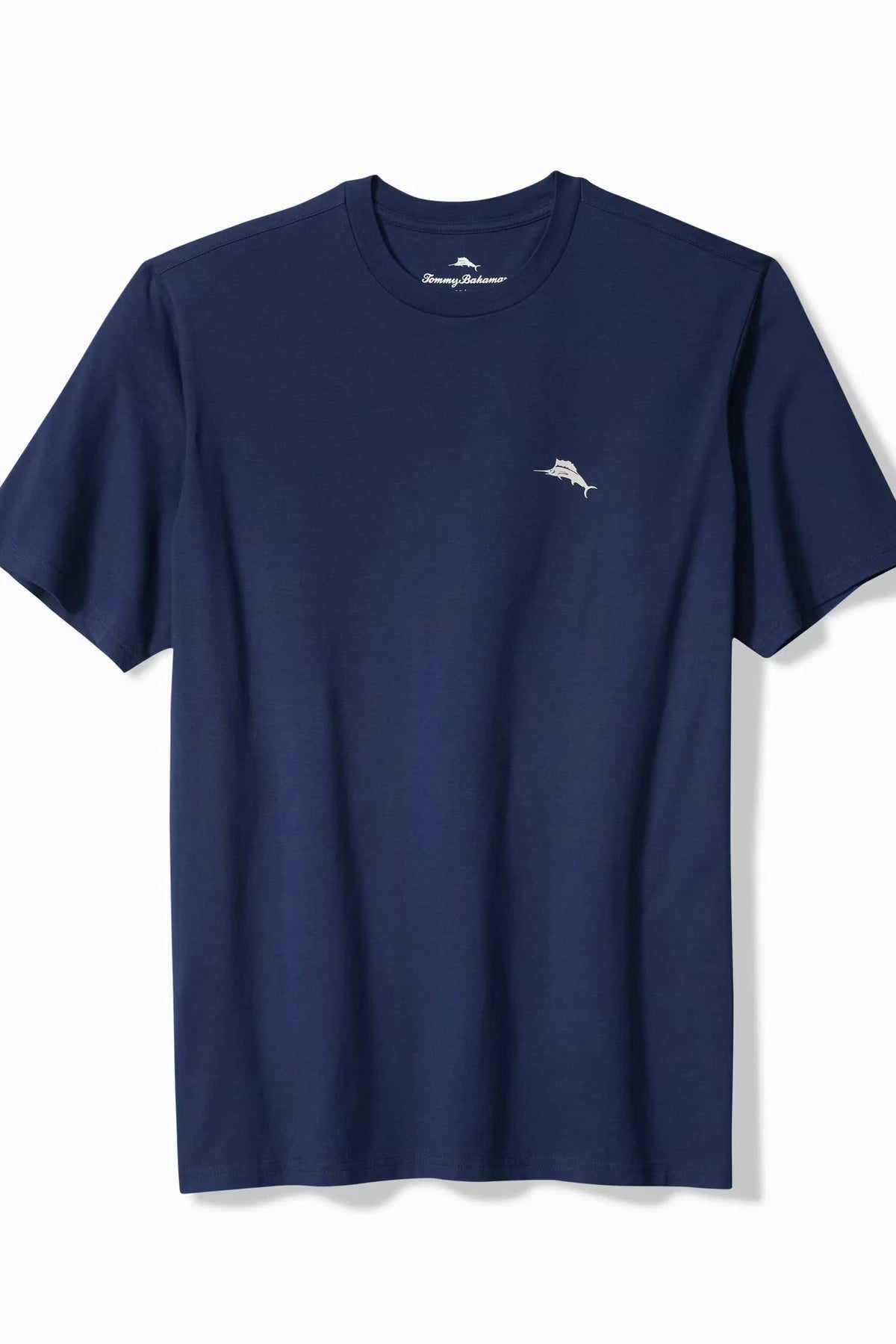A navy blue short-sleeve crewneck t-shirt with a small white marlin logo on the left chest, displayed on a clean white background.