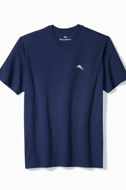 A navy blue short-sleeve crewneck t-shirt with a small white marlin logo on the left chest, displayed on a clean white background.