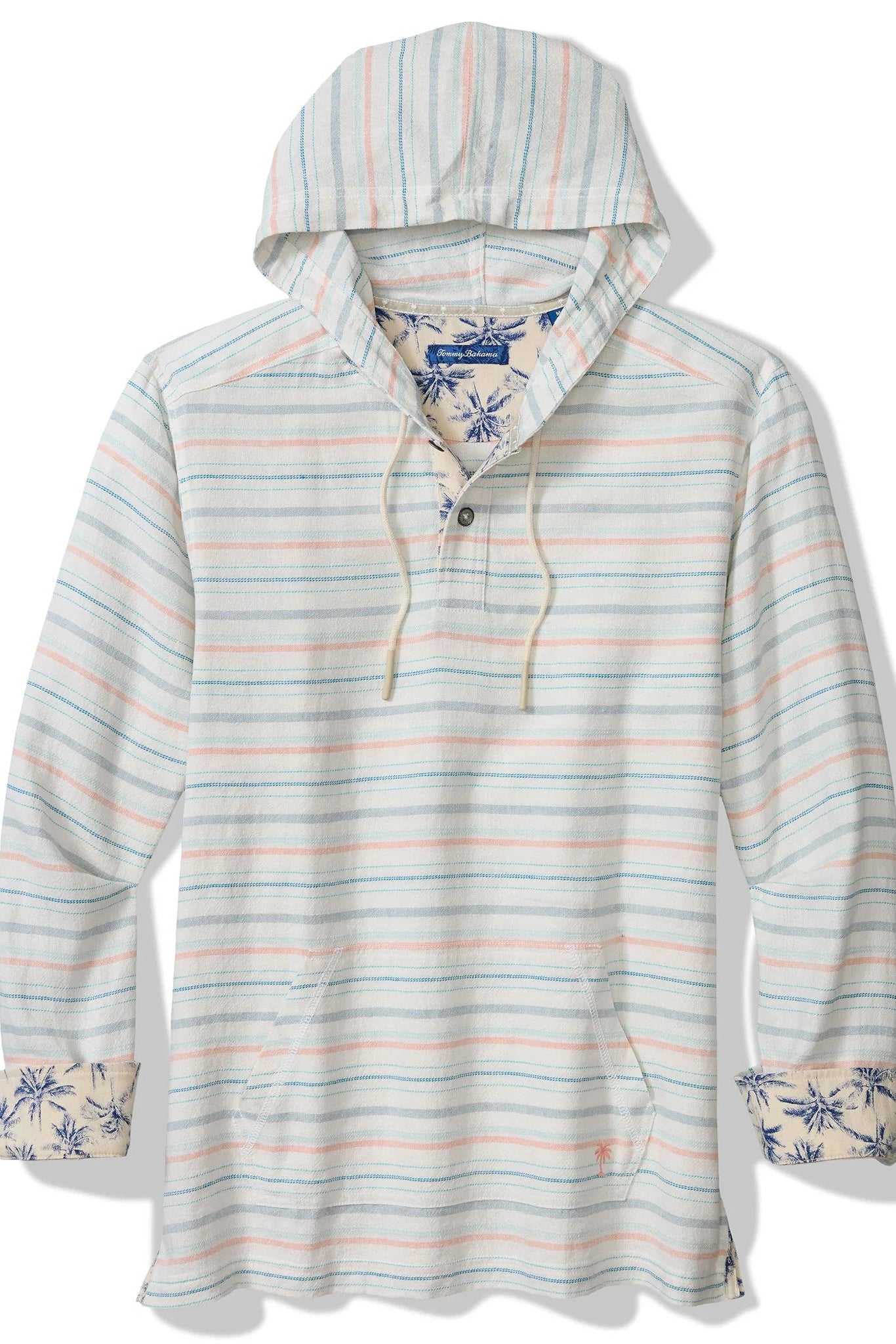 Striped hoodie with floral cuffs and hem on a white background
