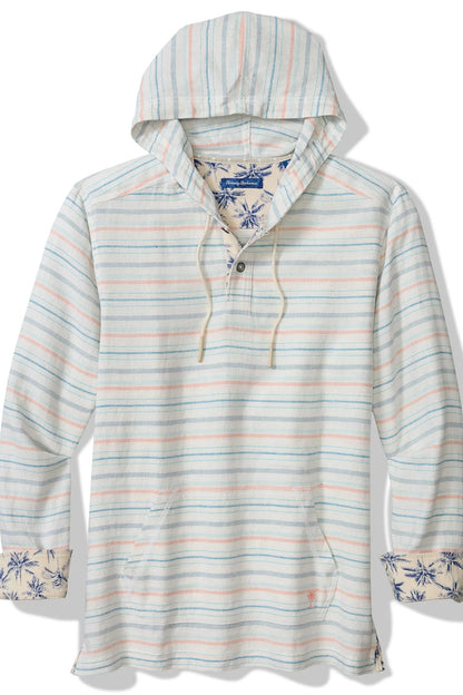 Striped hoodie with floral cuffs and hem on a white background
