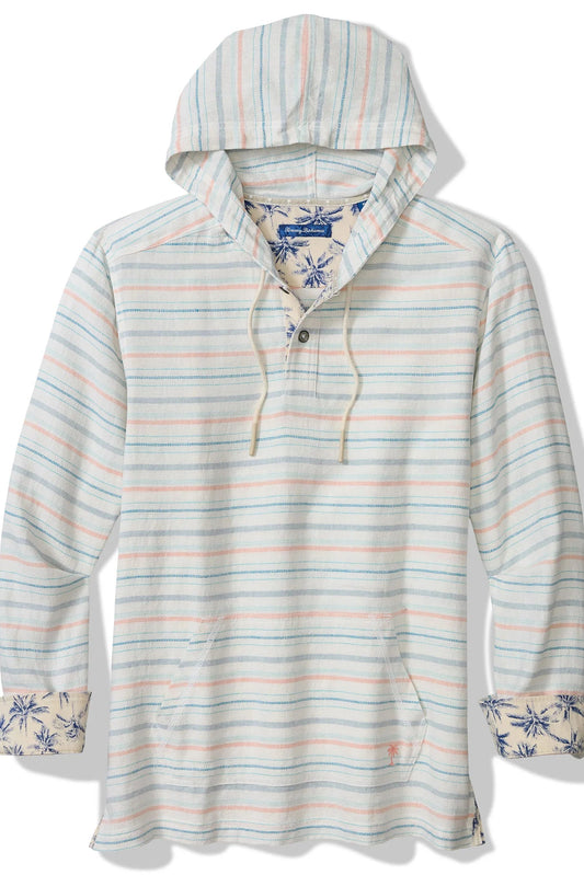 Striped hoodie with floral cuffs and hem on a white background