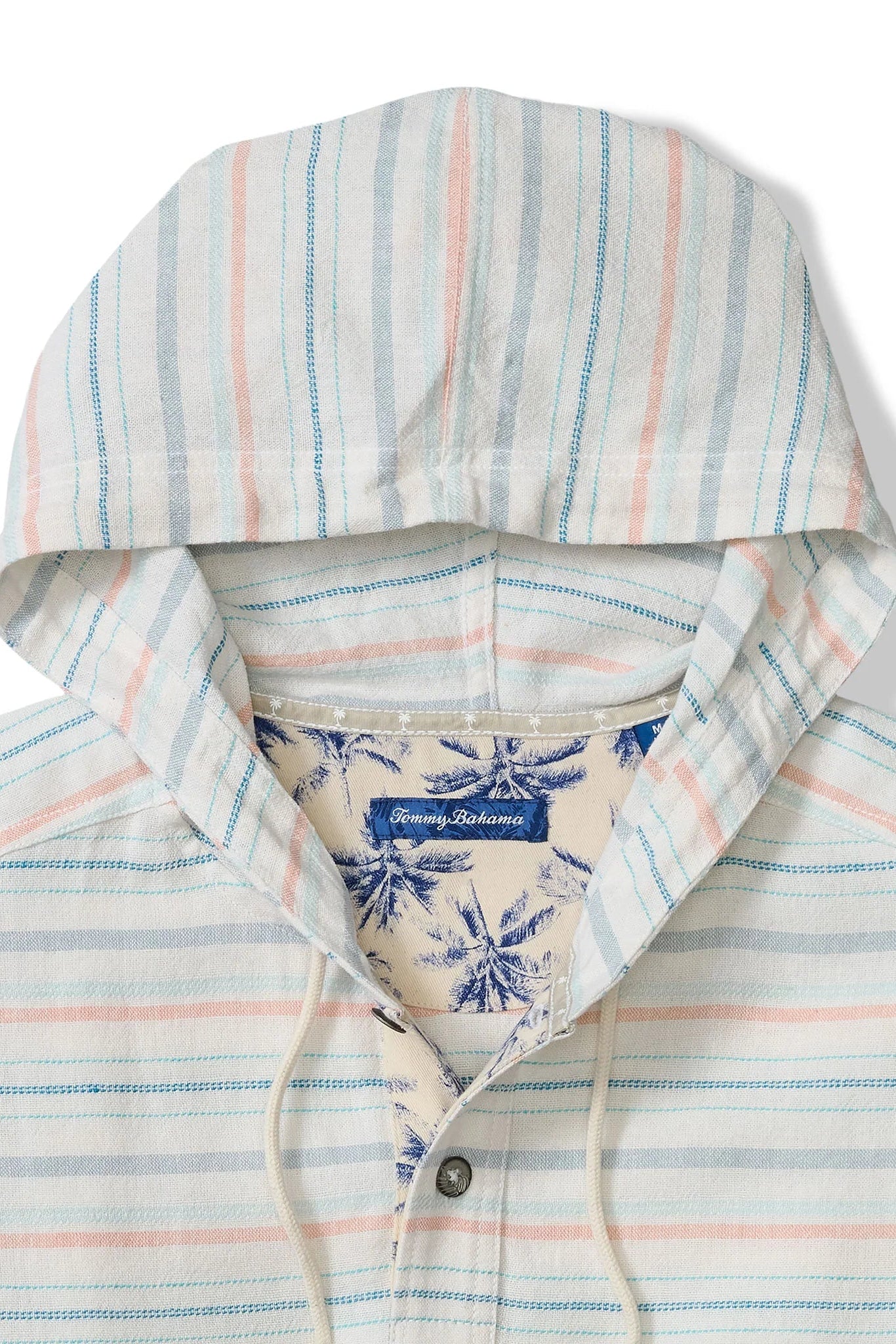 Striped shirt with a hood and Tommy Bahama logo on a white background