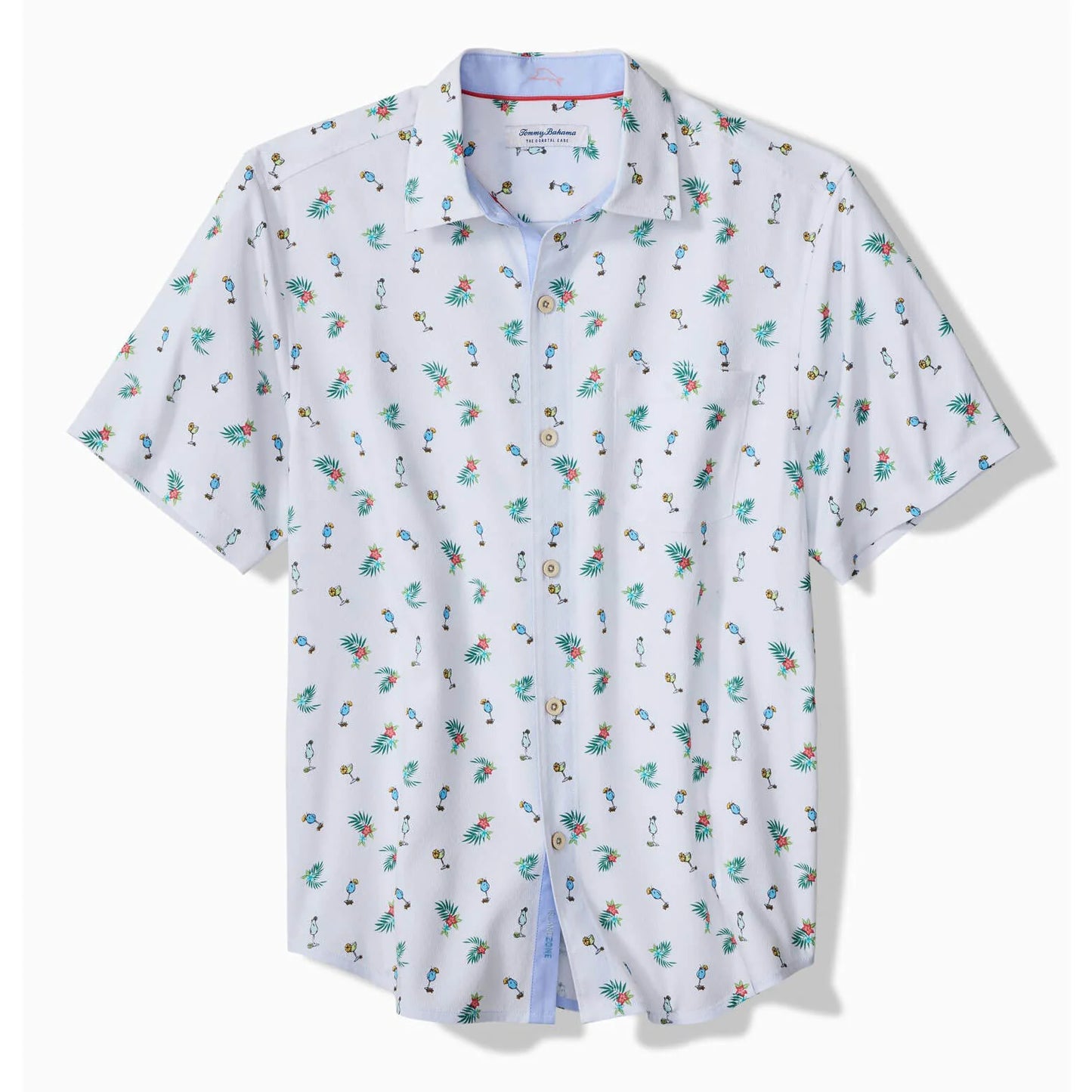short sleeve button up mens shirt with beach drinks pattern