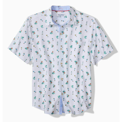 short sleeve button up mens shirt with beach drinks pattern