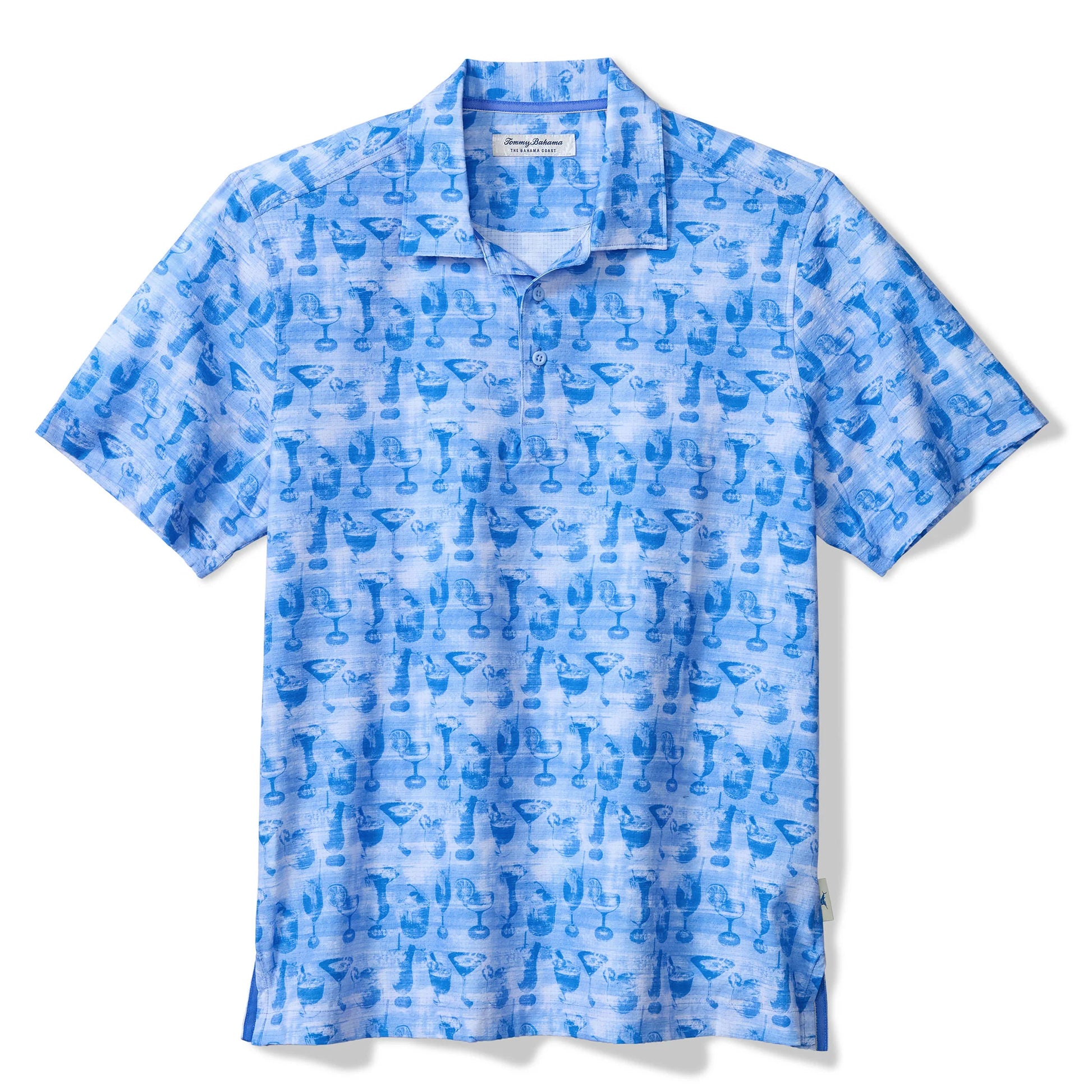 Blue patterned polo shirt on a white background