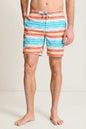 Person wearing colorful striped swim shorts on a plain background