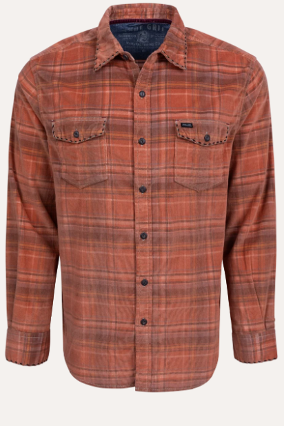 A long-sleeve button-up flannel shirt in a rust-orange and brown plaid pattern, featuring two buttoned chest pockets, displayed on a clean off-white background.
