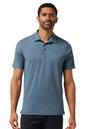Man wearing a blue patterned polo shirt on a white background