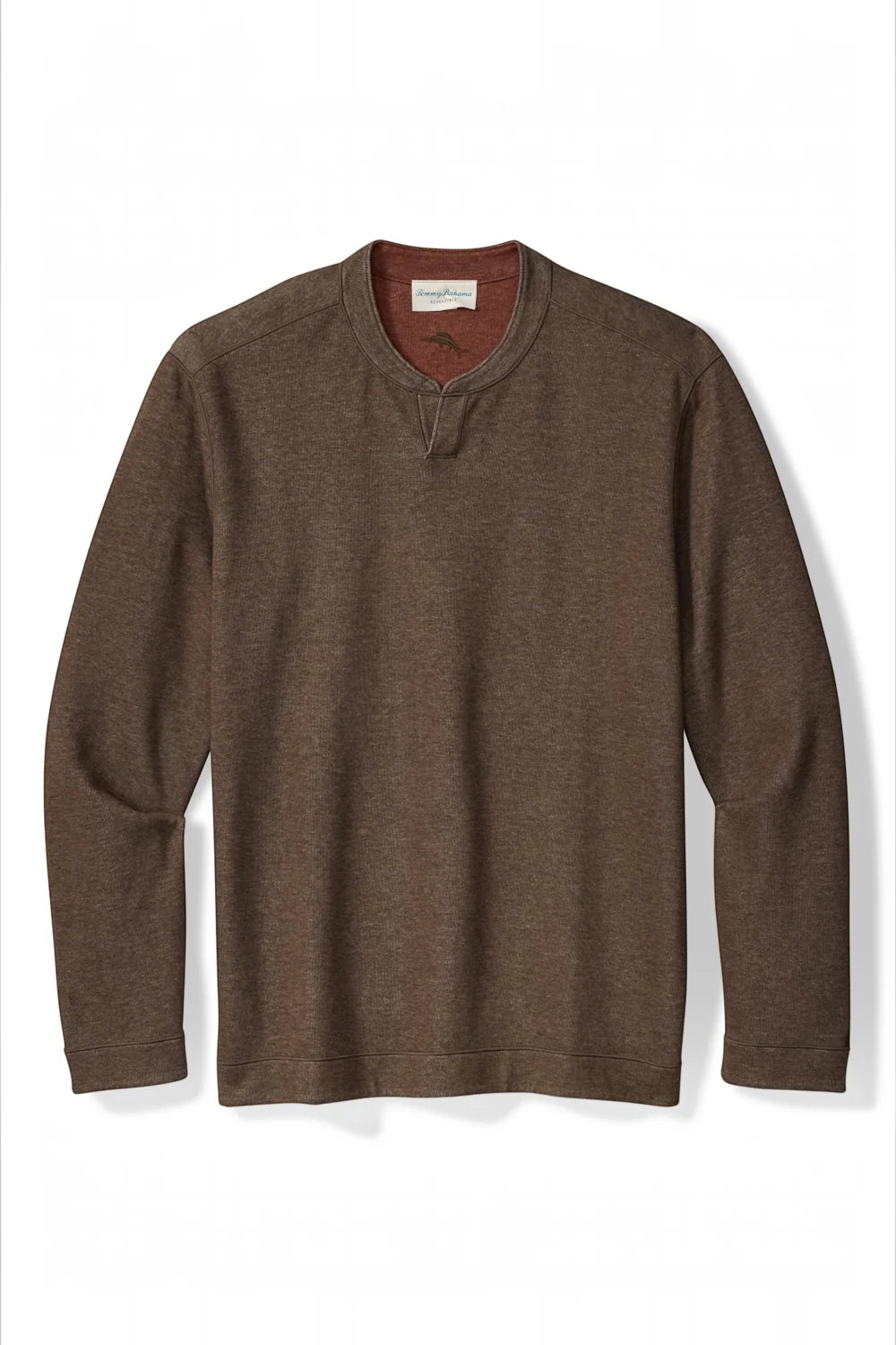 A brown long-sleeve henley shirt with a ribbed mock neck, laid flat against a white background.