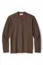 A brown long-sleeve henley shirt with a ribbed mock neck, laid flat against a white background.