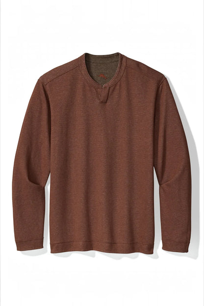 A brown long-sleeve henley shirt with a split collar, displayed flat against a white background.