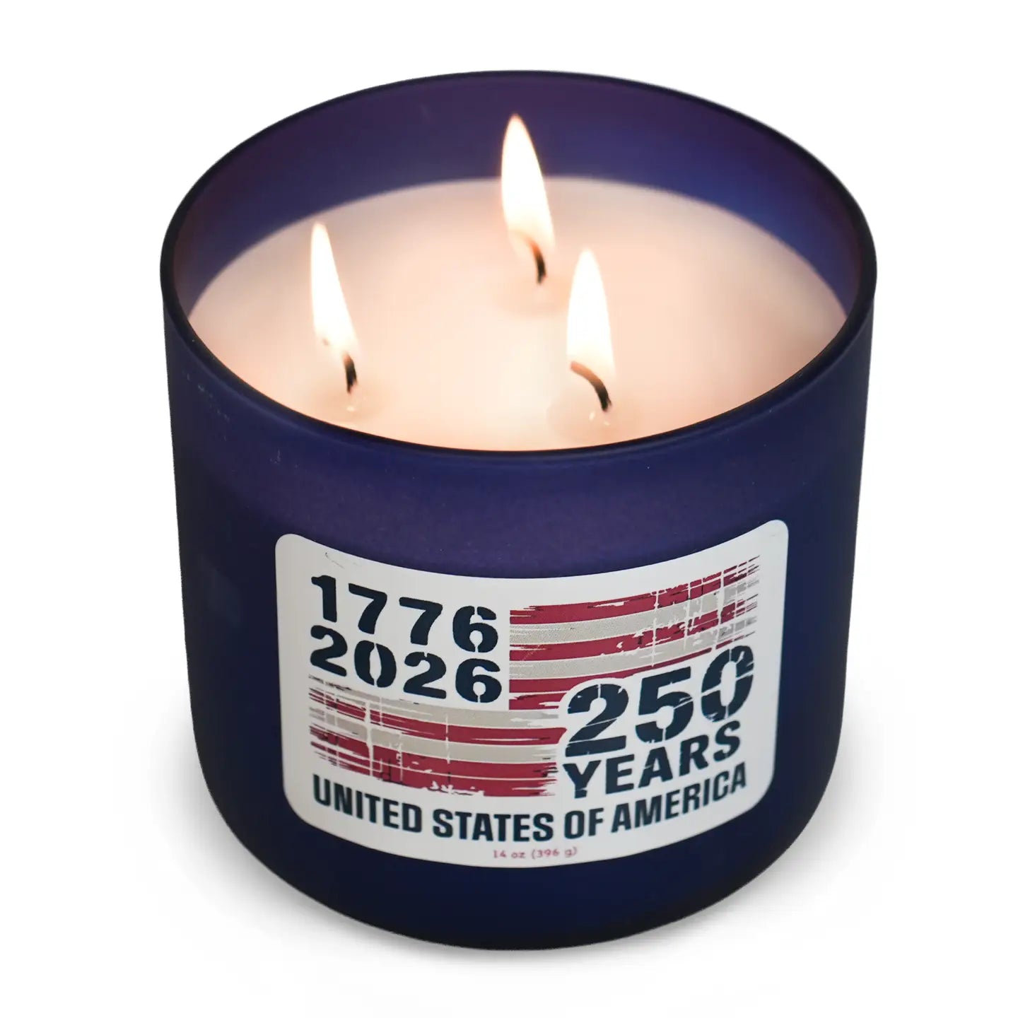 Candle in a blue container with a 'United States of America' label celebrating 250 years.