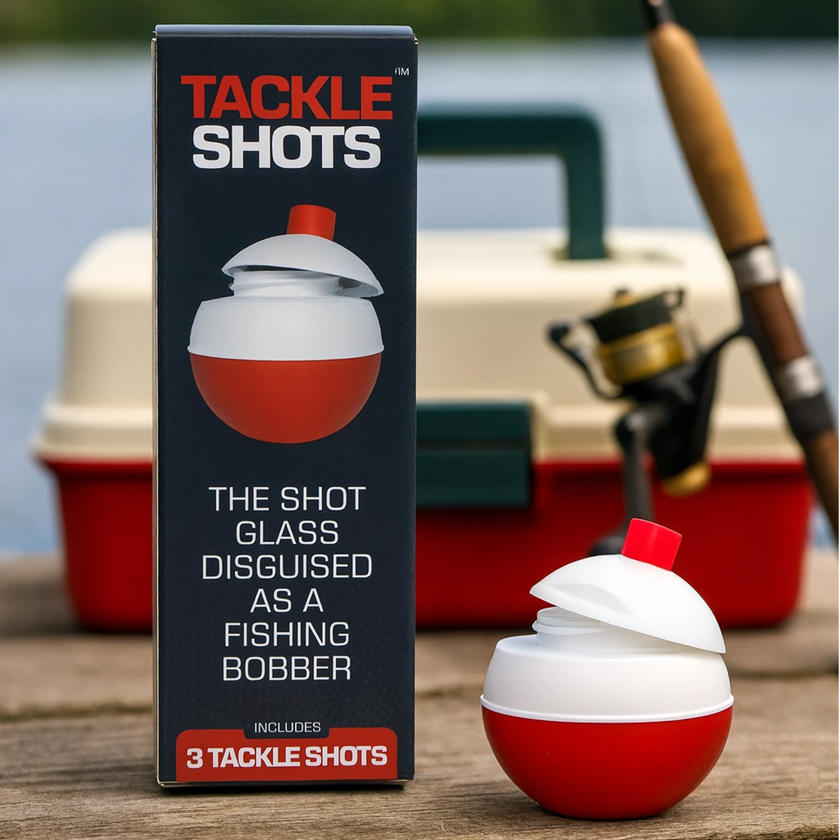 Tackle Shots product packaging with fishing bobber and cooler in the background