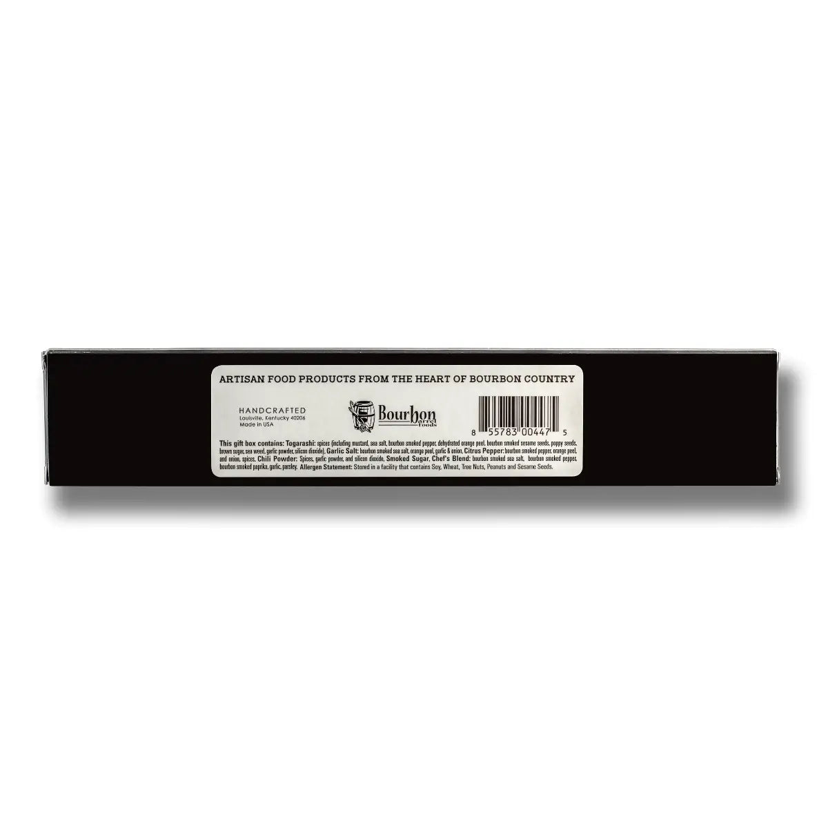 Black rectangular box with a white label on a white background
