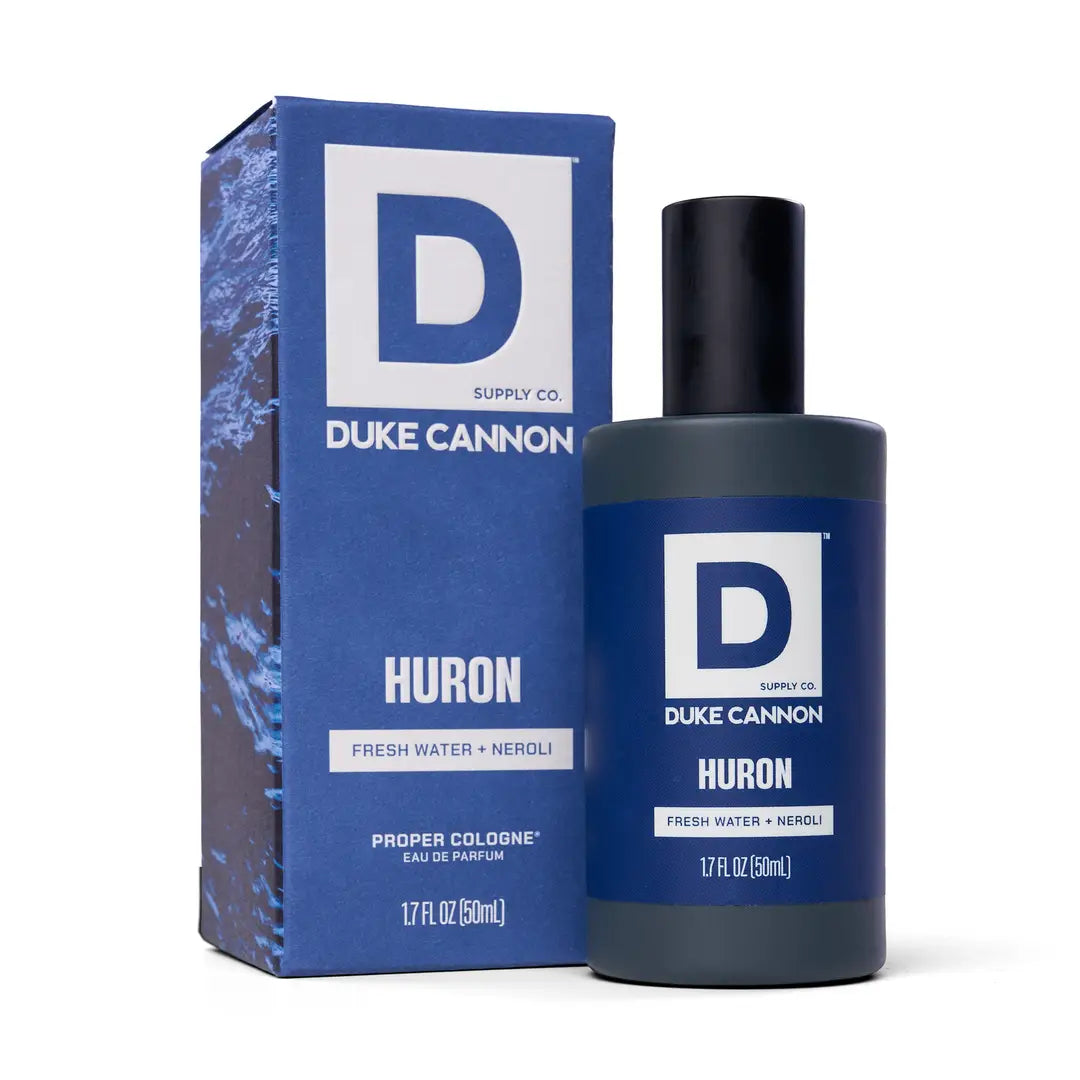 Duke Cannon Huron cologne bottle and packaging on a white background