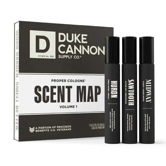Duke Cannon Supply Co. cologne set with three black bottles and packaging on a white background