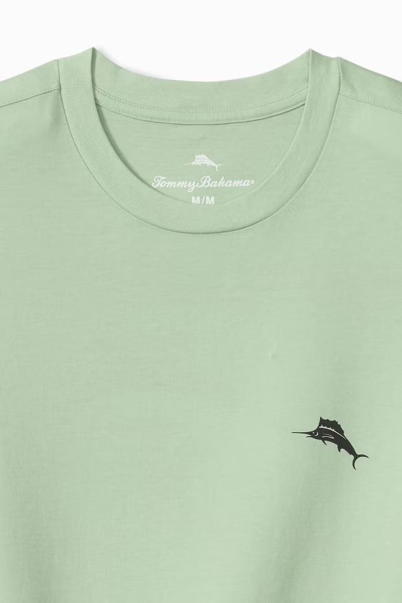 Light green t-shirt with a small black logo on a white background