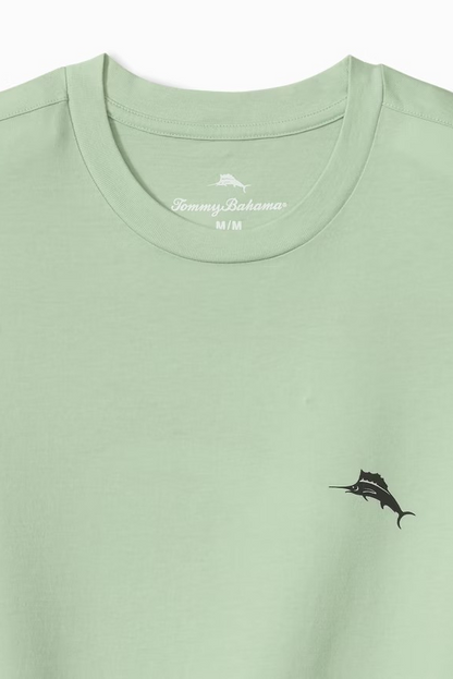 Light green t-shirt with a small black logo on a white background