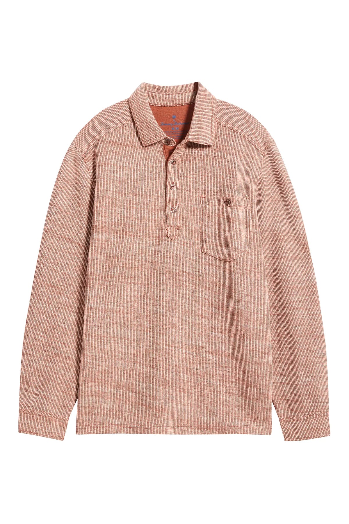 A long-sleeve knit polo shirt in a heathered dusty rose or terracotta color, featuring a buttoned collar and a chest pocket with a single button, shown flat against a white background.