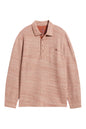 A long-sleeve knit polo shirt in a heathered dusty rose or terracotta color, featuring a buttoned collar and a chest pocket with a single button, shown flat against a white background.