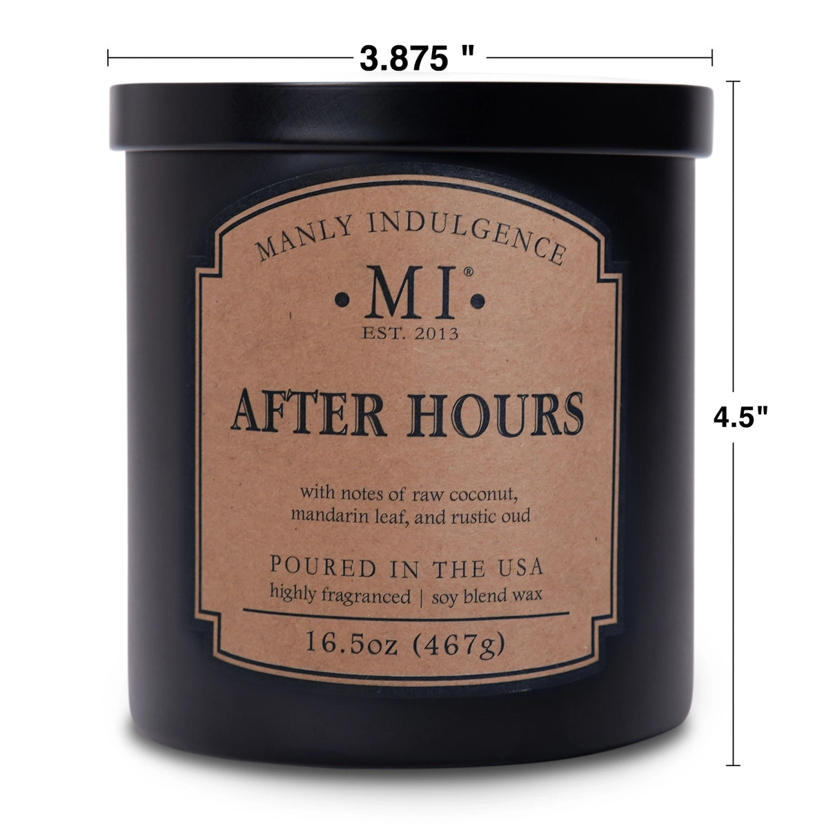 Black candle with 'Manly Indulgence' label and measurements on a white background