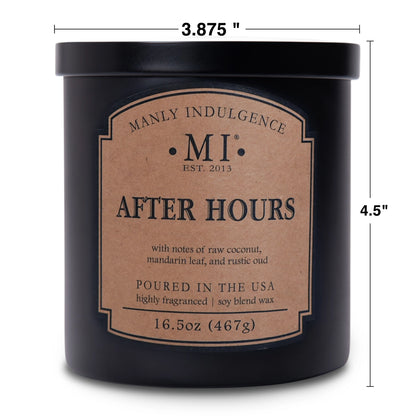 Black candle with 'Manly Indulgence' label and measurements on a white background