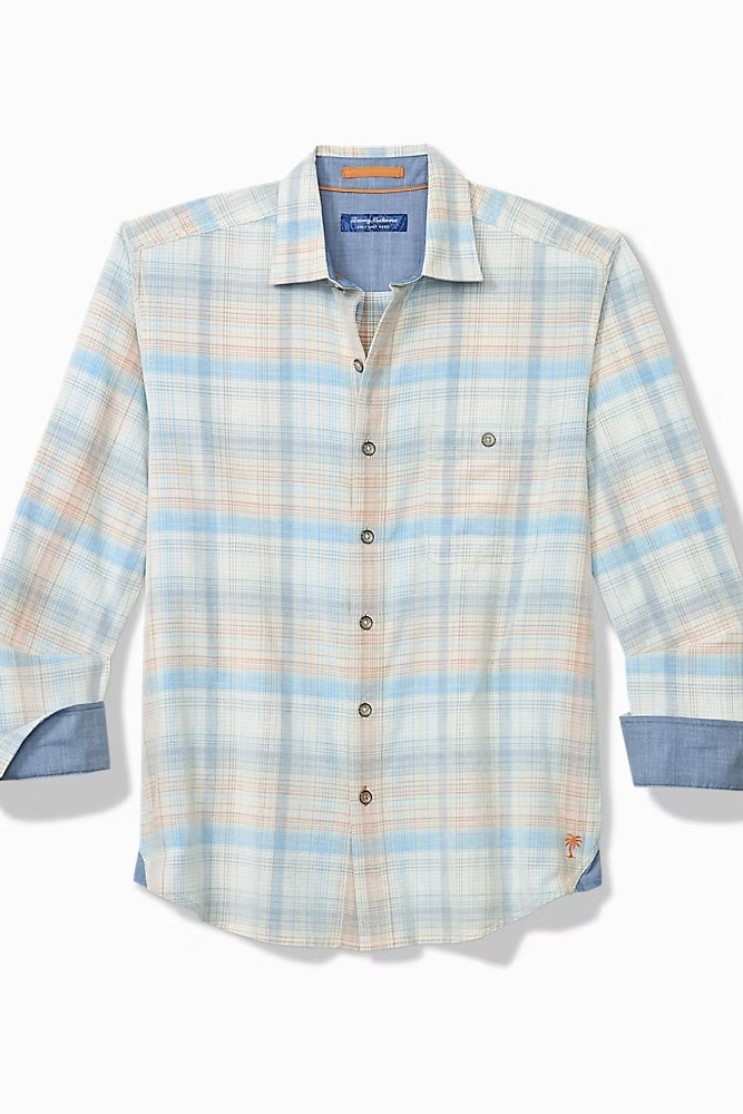 A long-sleeve plaid button-down shirt by The Society, featuring a light blue, beige, and white pattern with a single chest pocket and buttoned cuffs.