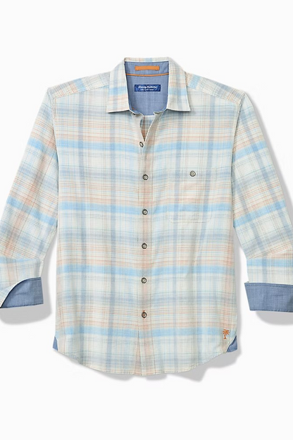A long-sleeve plaid button-down shirt by The Society, featuring a light blue, beige, and white pattern with a single chest pocket and buttoned cuffs.