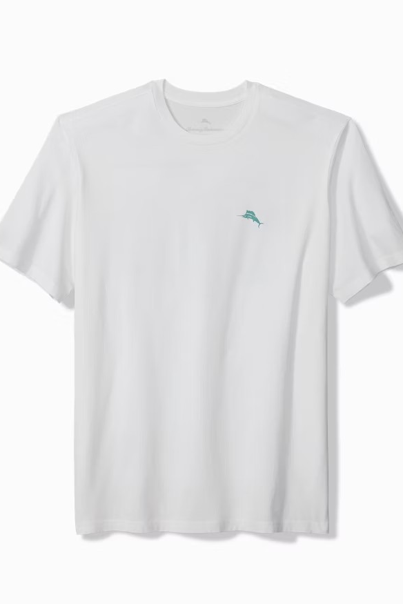 White t-shirt with a small logo on a white background