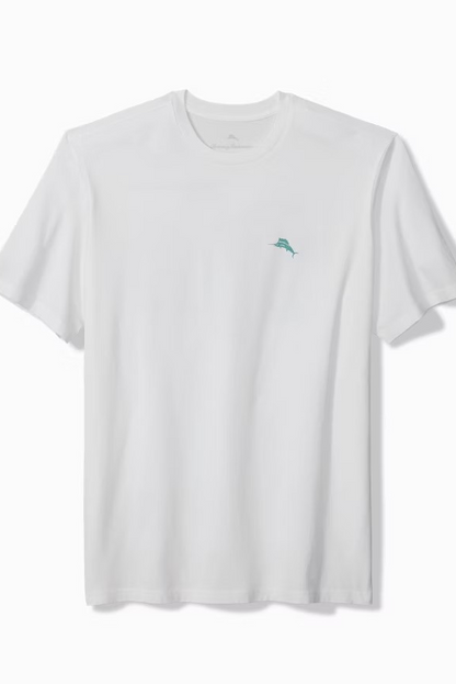White t-shirt with a small logo on a white background