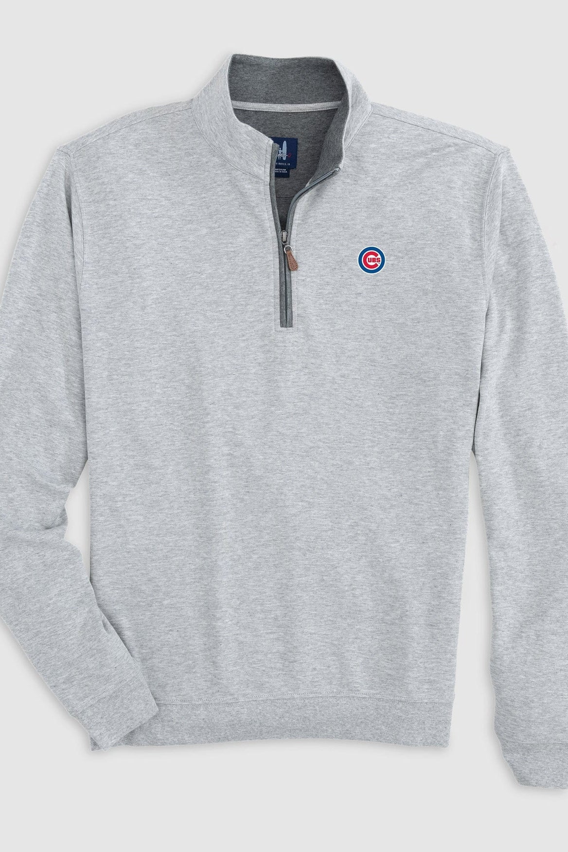 Gray pullover with a logo on a light gray background